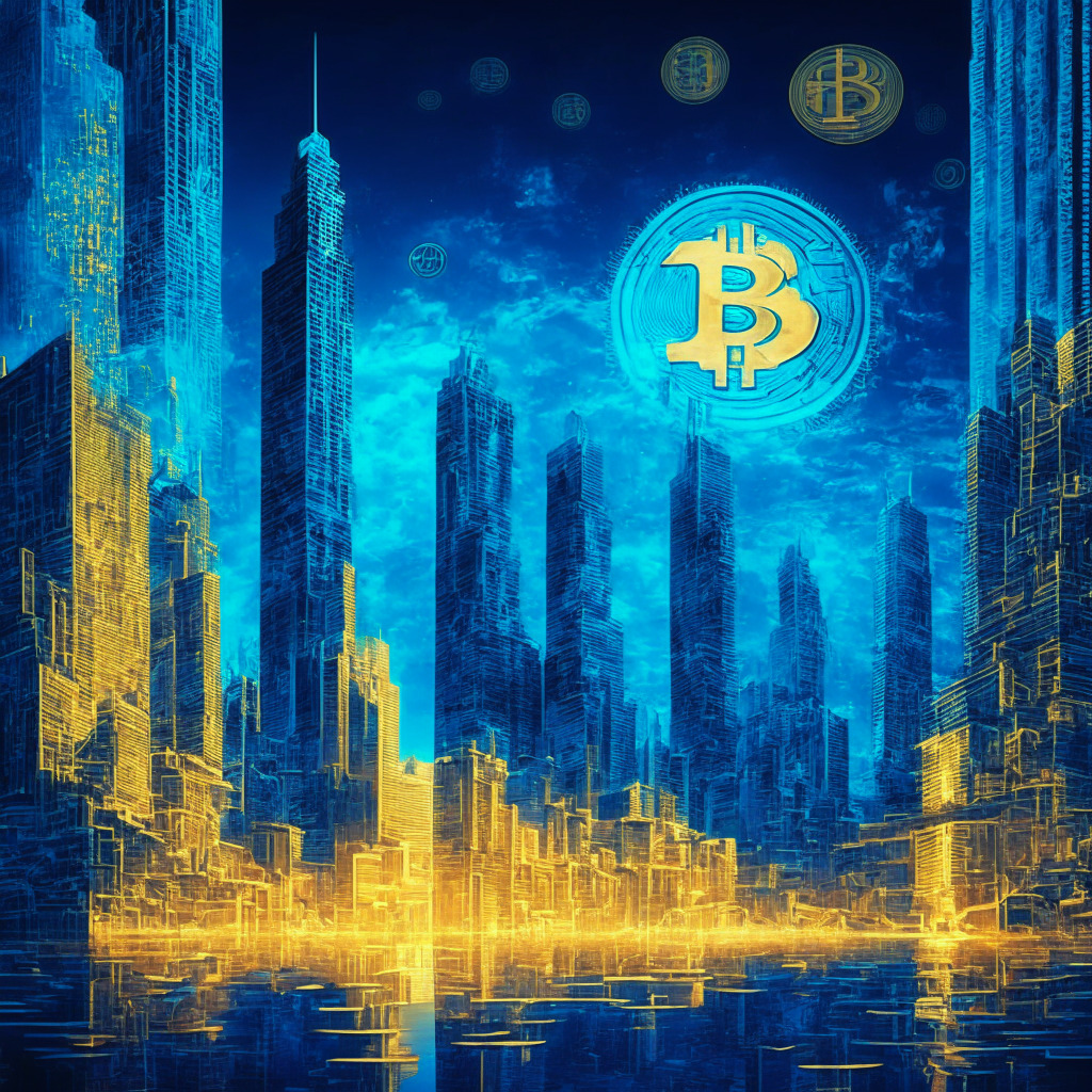 Futuristic cityscape with Bitcoin theme, Chinese yuan prominence, US dollar decline, cryptocurrency price pattern, warm gold & cool blue hues representing economic power shift, fluctuating market mood, subtle artistic distressing, chiaroscuro lighting showcasing the contrast of crypto turmoil & potential bright future.