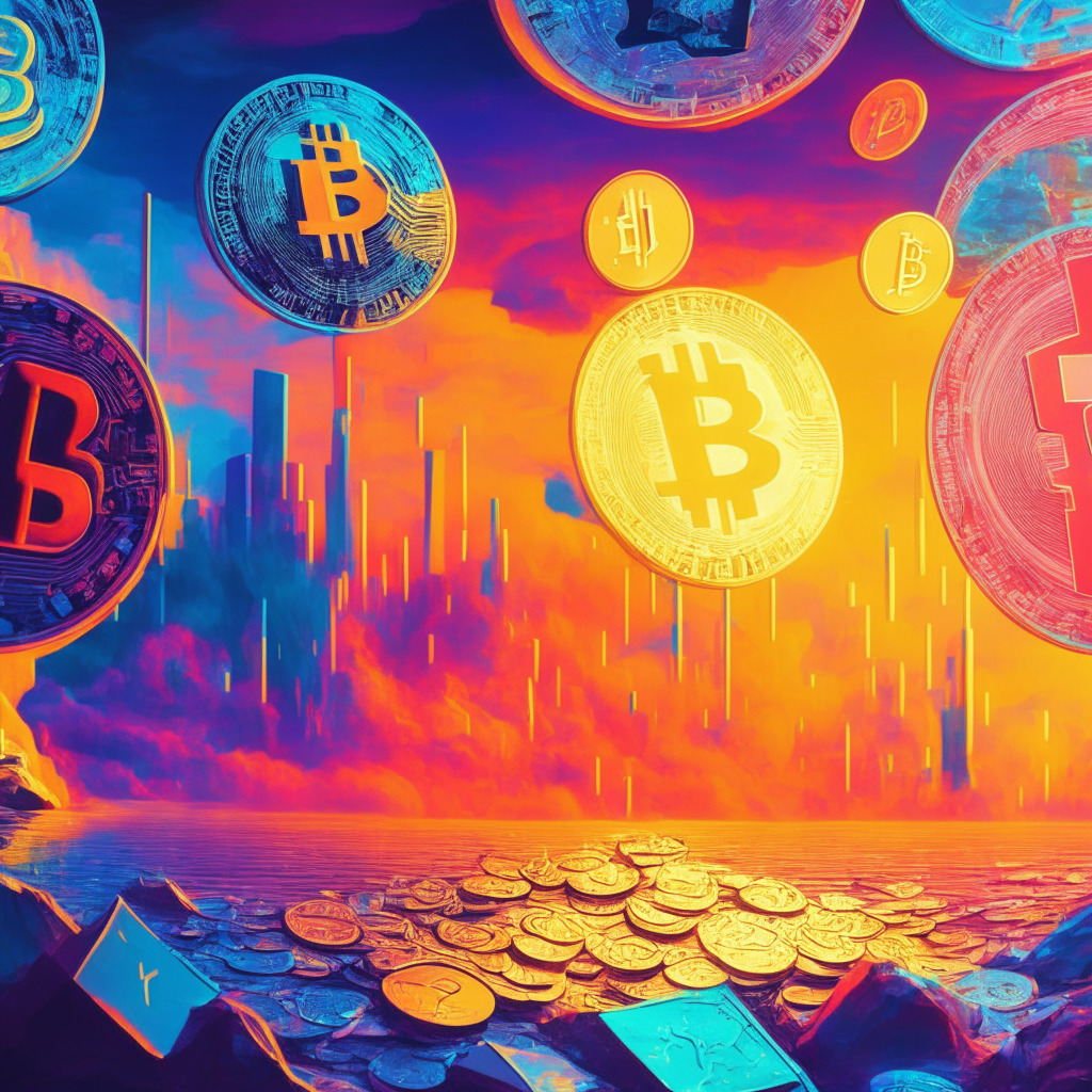 Cryptocurrency scene, vibrant colors, abstract art style, sunset glow, hopeful mood, various digital coins, Bitcoin amid the market fluctuations, ETF approval expectation, cautious optimism, U.S. institutions and retail investors, market trends, debate on Ethereum validator balance, major cryptocurrencies market performance.