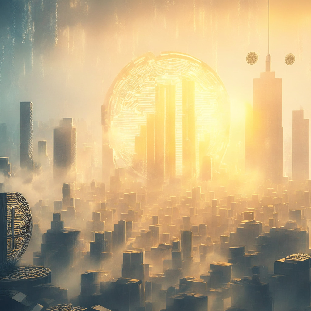 Misty cityscape with blockchain nodes, AI-driven innovation, and metaverse elements converging, warm sunlight breaking through, highlighting Bitcoin steadfast above $30,000, Ether's decline, futuristic artistic style, subdued optimism, contrasting focus on AI, delicate balance, awaiting quarterly options expiry.