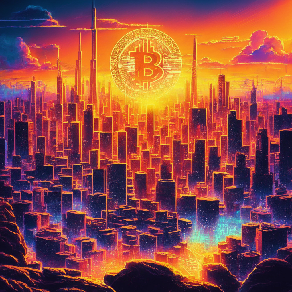 Intricate cityscape with Bitcoin symbol, vibrant sunset, low electricity mining facilities, tech stock rally, crypto venture capital growth, optimistic mood, colorful artistic style, soft glowing light, bustling network activity, newly added features, elevated mining revenue, subtle comeback hint.