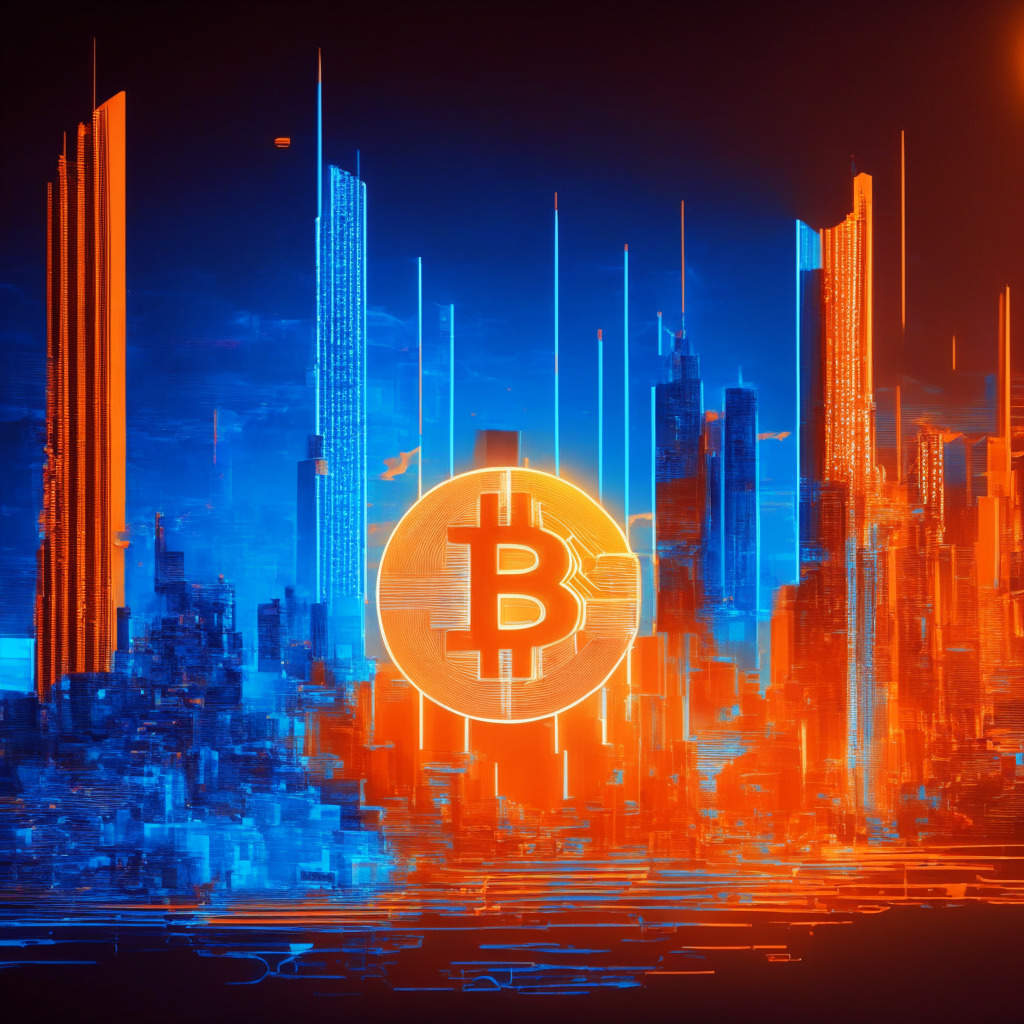 Futuristic skyline with glowing cryptocurrency symbols, Bitcoin prominently in focus, mixture of warm orange and cool blue colors, high-contrast chiaroscuro, dynamic composition symbolizing market movement, aura of optimism reflecting bullish sentiment, hint of caution and skepticism, no brands/logos.