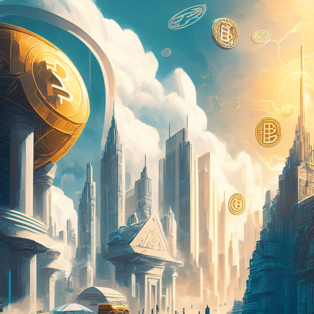 Intricate cityscape with futuristic architecture, soft daylight filtering through clouds, Bitcoin-themed details in street art, optimistic atmosphere, neutral colors embodying market uncertainty, crypto traders with focused expressions, diverse digital currency symbols, hint of vibrant altcoins in the background, serene yet dynamic mood.