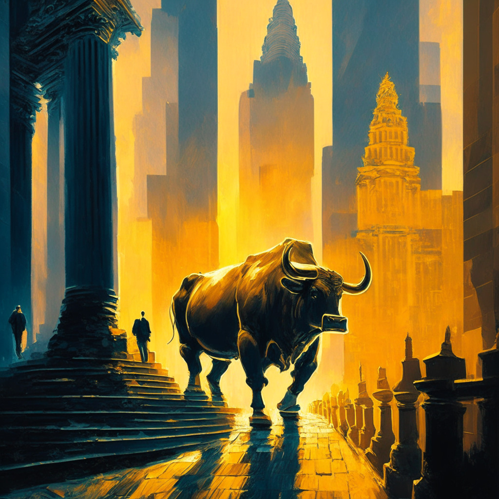 Bitcoin's path to $30,000, vibrant cityscape at dusk, large bull dominating the scene, determined investors ascending stairs, gold and silver hues highlighting optimism, shadows cast by financial buildings, impressionist style evoking mood of anticipation, progress, and guarded hope.