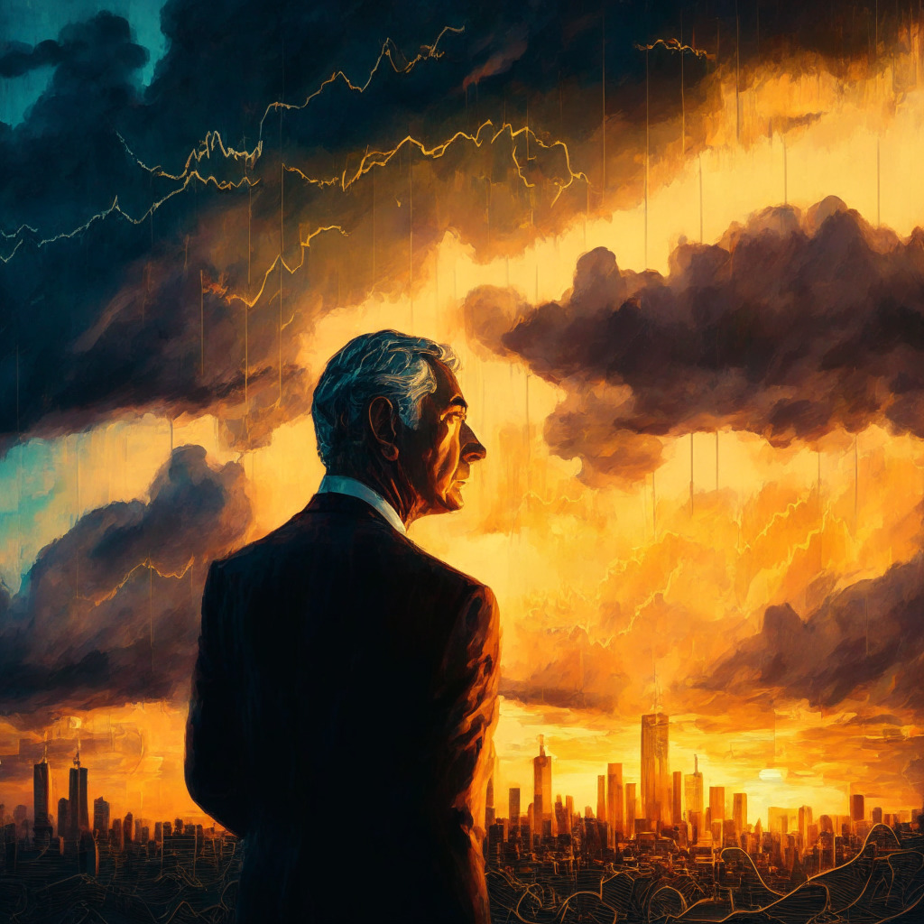 Intricate financial scene, crypto market volatility, pivotal $30,000 level, trading chart in focus, Jerome Powell discussing macro events, shadow of U.S. PCE Index, ray of hope shining through clouds, contrasting network fundamentals, dynamic Fear & Greed Index, moody dusk lighting, artistic impressionism style.