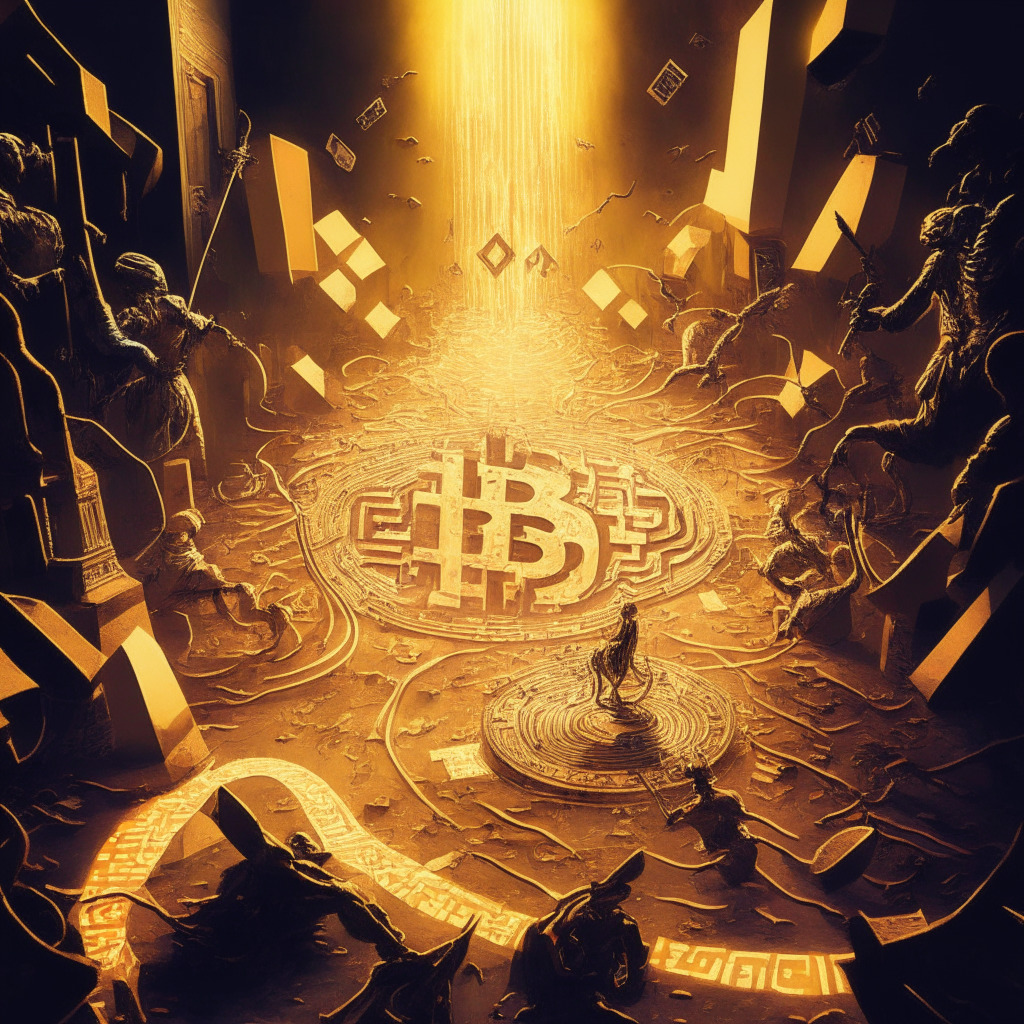 Intricate crypto battle scene, a V-shaped path towards $42,000, tense atmosphere, golden light reflecting Bitcoin's rise, dark shadows cast by potential setbacks, mix of abstract and surrealism, soft glow around Fed Chair Powell, altcoins transferring energy to dominating Bitcoin, triumphant mood with undertone of caution.