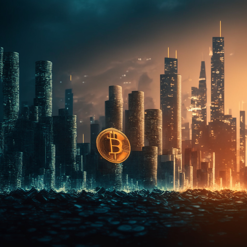 Dusk-lit city skyline, symbolic Bitcoin coin showing growth, financial charts in the background, subtle Impressionist style, juxtaposition of weak labor market 'crumbling buildings' with thriving cryptocurrency 'rising towers', tension between warmth and coolness reflecting market uncertainty, mysterious mood capturing complex regulatory and economic dynamics.