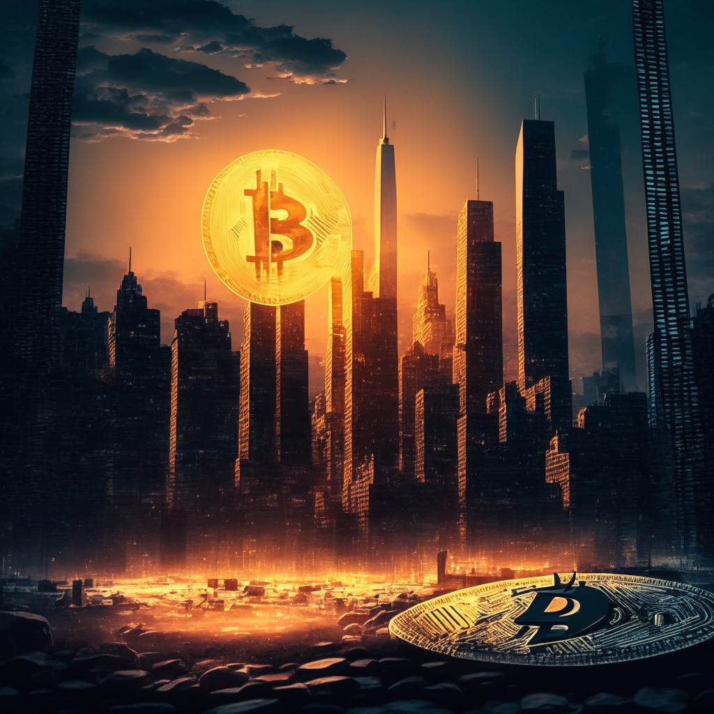 Bitcoin rebounding amid de-dollarization, Binance SEC lawsuit, shadowy cityscape at dusk, mood of resilience, central bank digital currencies and traditional currency symbols intertwined, juxtaposition of uncertainty and optimism, bearish vs bullish elements, pivot point significance.