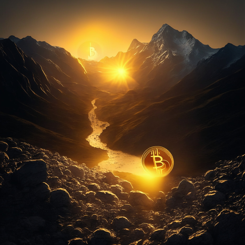 A digital world art styled scene of a Bitcoin coin jumping back into strength from a deep valley, highlighting the resilience and potential in cryptocurrency. The coin is gleaming with a golden glow in the dawn light, representing the promise of a new day, good prospects, and an impressive return. The valley dark but fading, showing the risk and volatility it just climbed from. The serene setting and hopeful mood encapsulate the optimism in future opportunities, caution against pitfalls, and acknowledgement of previous lows.