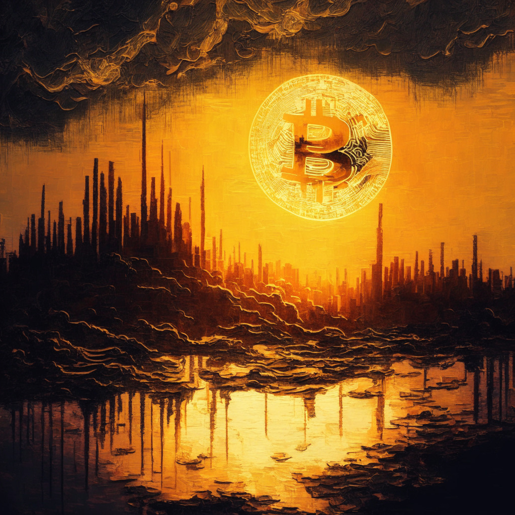 Intricate financial landscape, Bitcoin rising amid dollar decline, golden sunset, shadowy regulatory uncertainties, moody contrasts, glimmers of hope with ETF filing, subtle interplay between crypto and traditional markets, bold artistic brushstrokes, atmospheric shift in dominance.