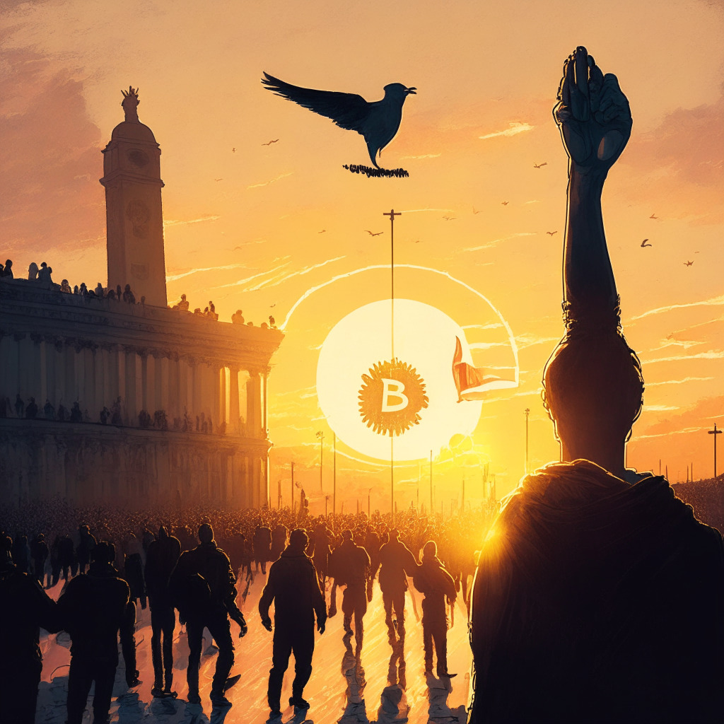 Sunset over European cityscape, peaceful protestors holding Bitcoin placards, dove carrying olive branch, blend of modern & classic architecture, silhouette of contemplating Eric Dale in foreground, soft brush strokes, warm glow highlighting ideals of unity, financial empowerment & positive change, tinge of caution for balance, hope echoes amid challenges.