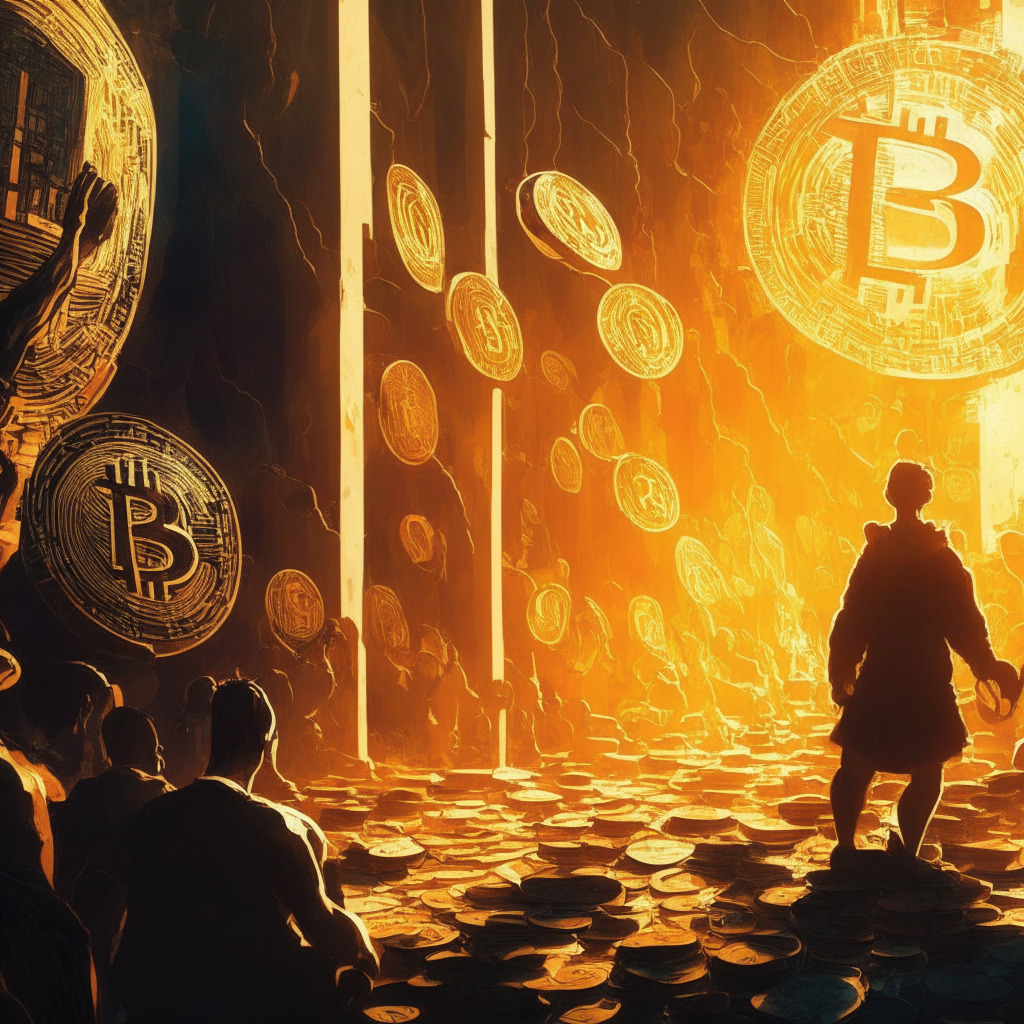 Intricate crypto market scene, dramatic golden light, abstract artistic style, contrasting shadows, hopeful and cautious mood, Bitcoin slipping below $27k, mixed outlook, traders waiting for direction, CME futures gap impact, anticipation of $30k breakout, key moving averages, market straddling.