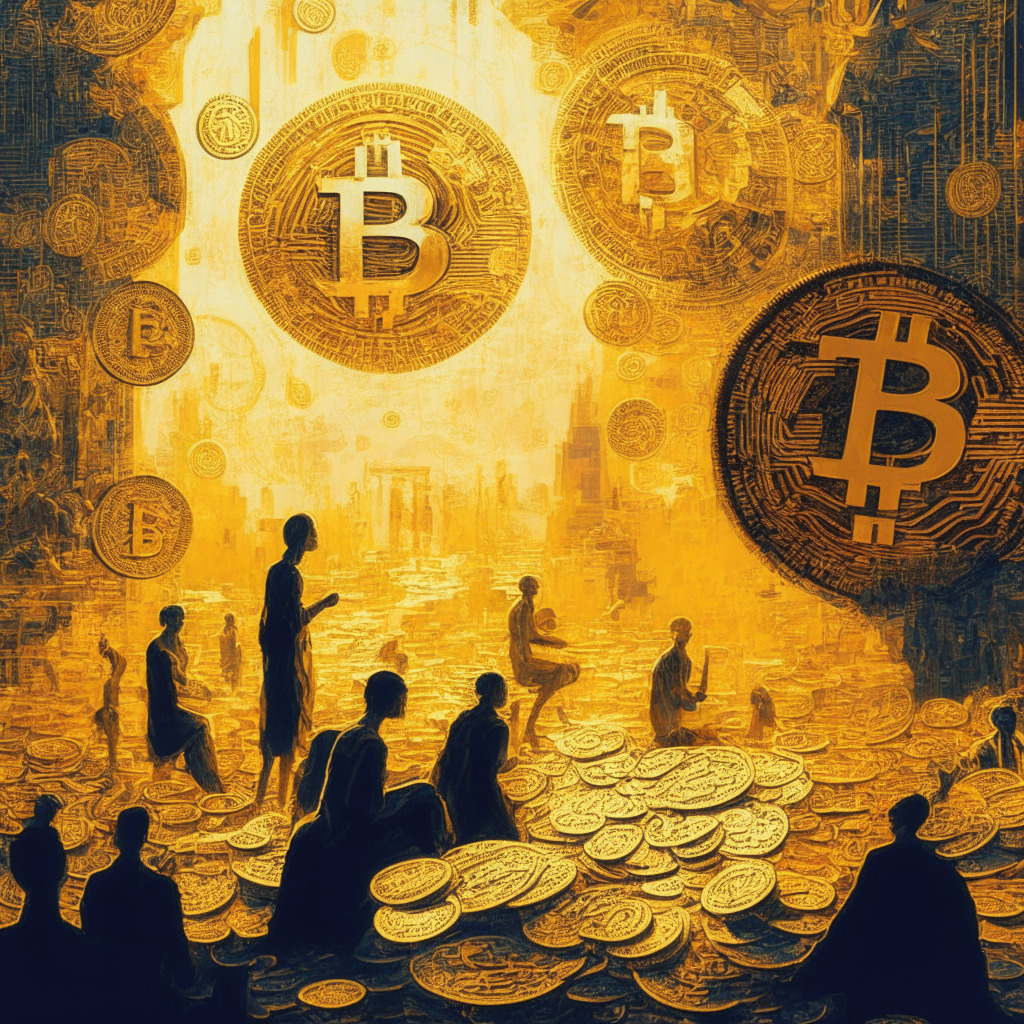 Intricate digital economy scene, soft golden glow, diverse cryptocurrency coins, modern abstract art style, legislators and analysts pondering, sense of stability amid chaos, underlying tension, economic growth, contrast between traditional assets and crypto.