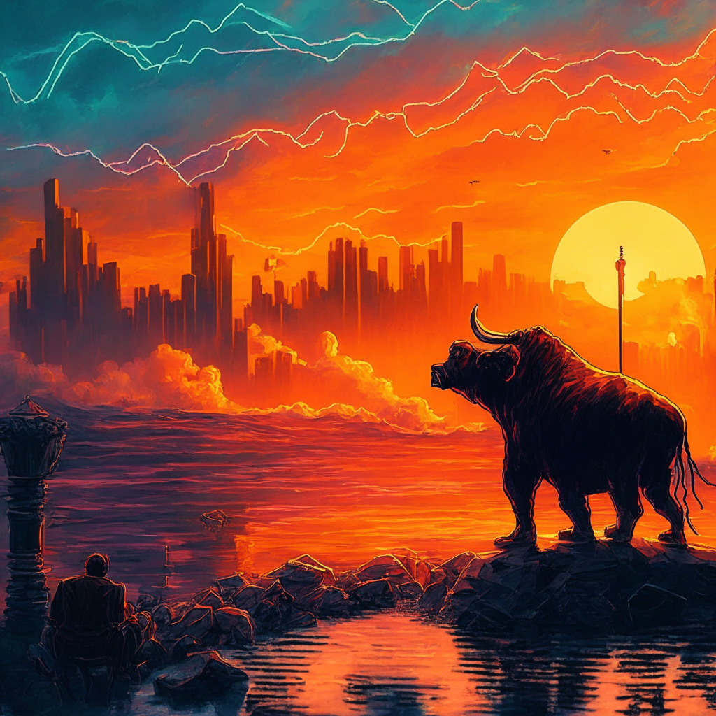 Intricate crypto market scene, sunset hues, delicate brush strokes, contemplative mood, Bitcoin floating near $30k support, chart patterns like MACD & RSI, dwindling exchange supply, anticipating bulls and bears, finding footing for potential uptrend, artistic blend of technical analysis.