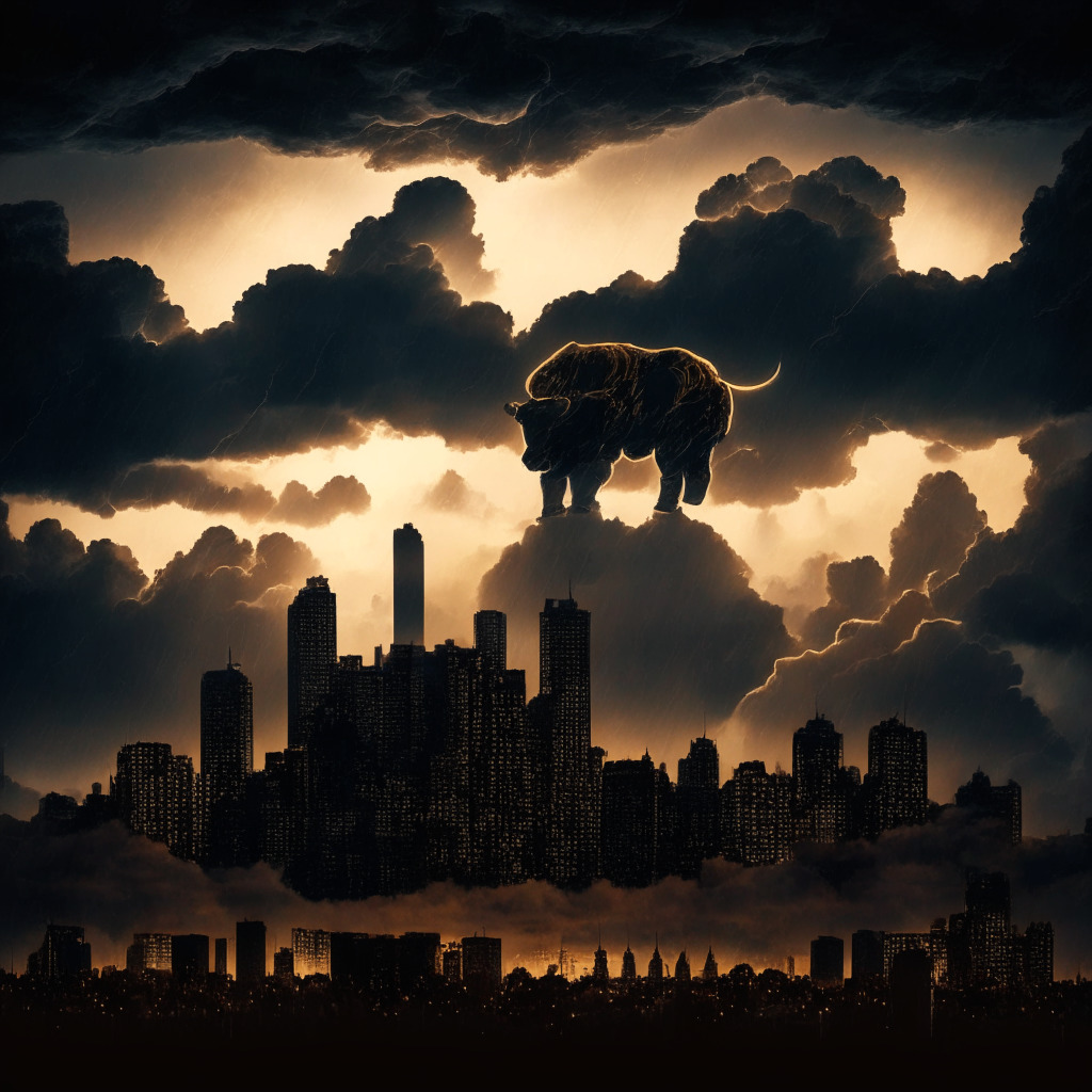 Intricate city skyline at dusk, silhouetted Bitcoin symbol amidst clouds, stormy sky with golden highlights, abstracted bear and bull figures in the background, mild contrast between darkness and hope, chiaroscuro effect, reminiscing of Baroque art, tense atmosphere, uncertainty in the air.