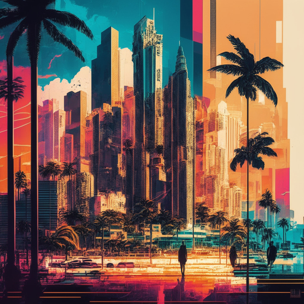 Intricate cityscape merging traditional and futuristic elements, Miami as a Bitcoin hub, blend of warm and cool colors reflecting economic turbulence, dynamic lighting with shadows showcasing uncertainty, President Francis Suarez promoting cryptocurrency, optimistic mood with a touch of tension.