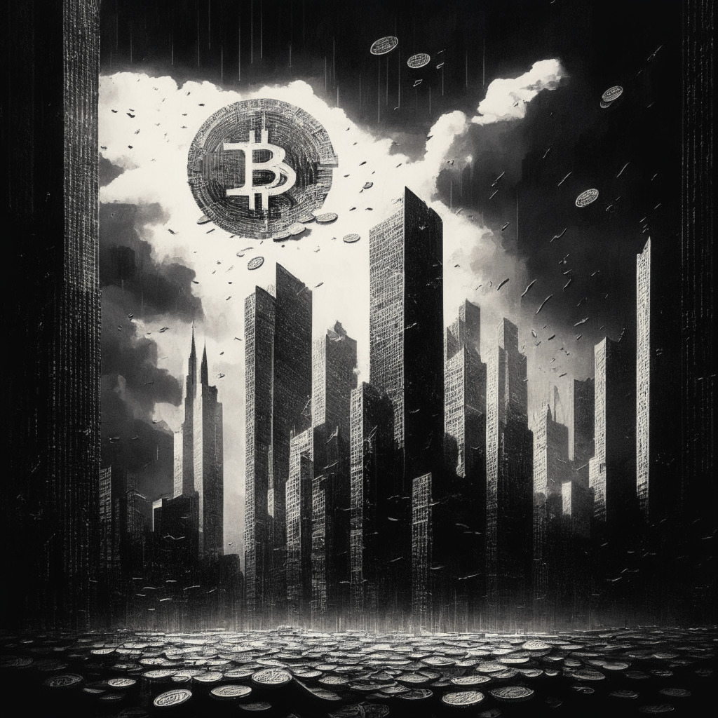 Intricate cityscape, financial district, crypto coins scattered, abstract currency symbols, dark cloud looming over, tension in the atmosphere, monochromatic artwork, spotlight on a single Bitcoin, mystifying shadows, sharp edges, conflicting emotions, gloomy yet hopeful.