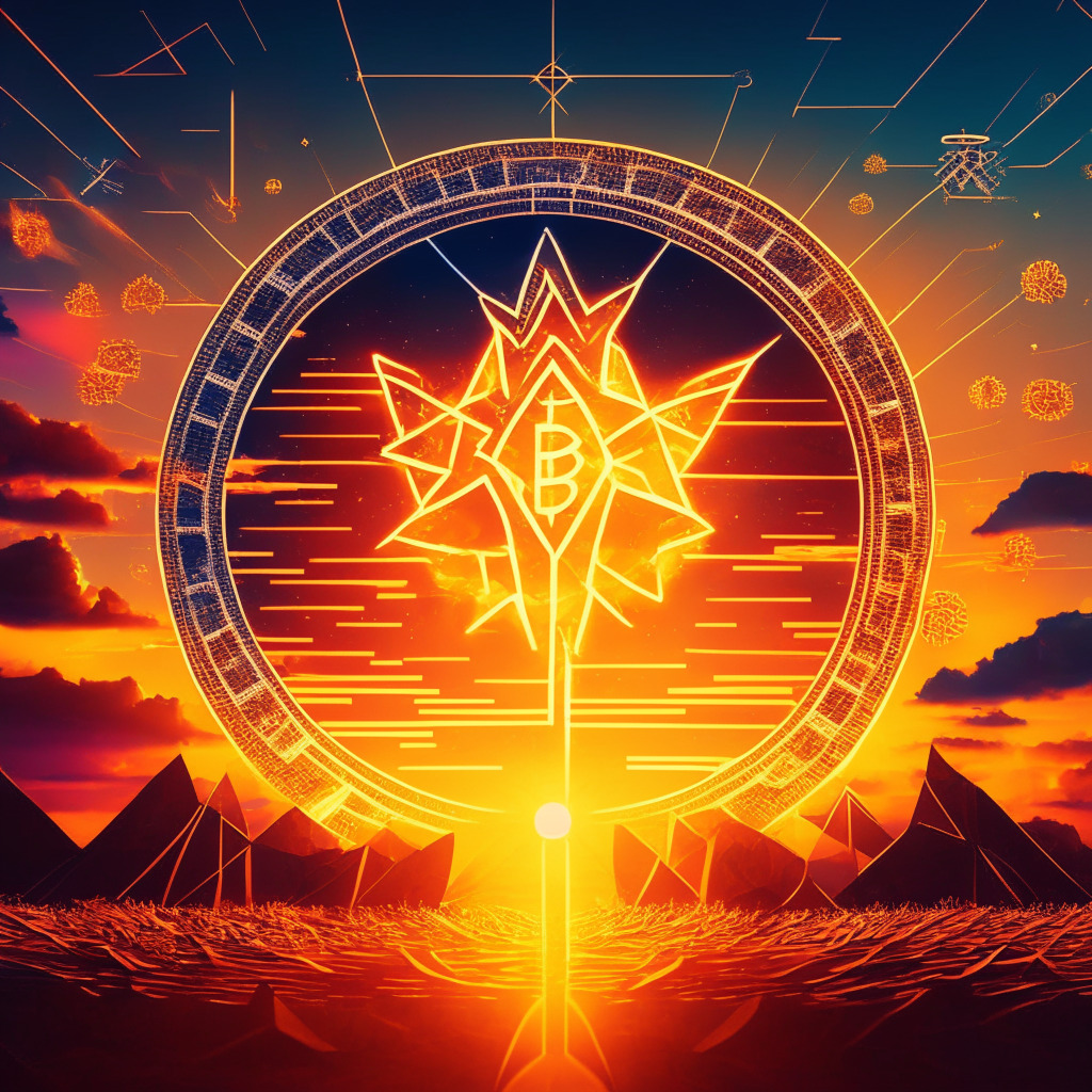 Intricate blockchain design, vibrant sunrise in the background, investment scales symbolizing growth, an upward-moving bold arrow, $30,000 milestone highlighted, EDX-coin innovation, sophisticated artistic style, dynamic lighting, optimistic mood, contrasting Coinbase and Binance exchanges.