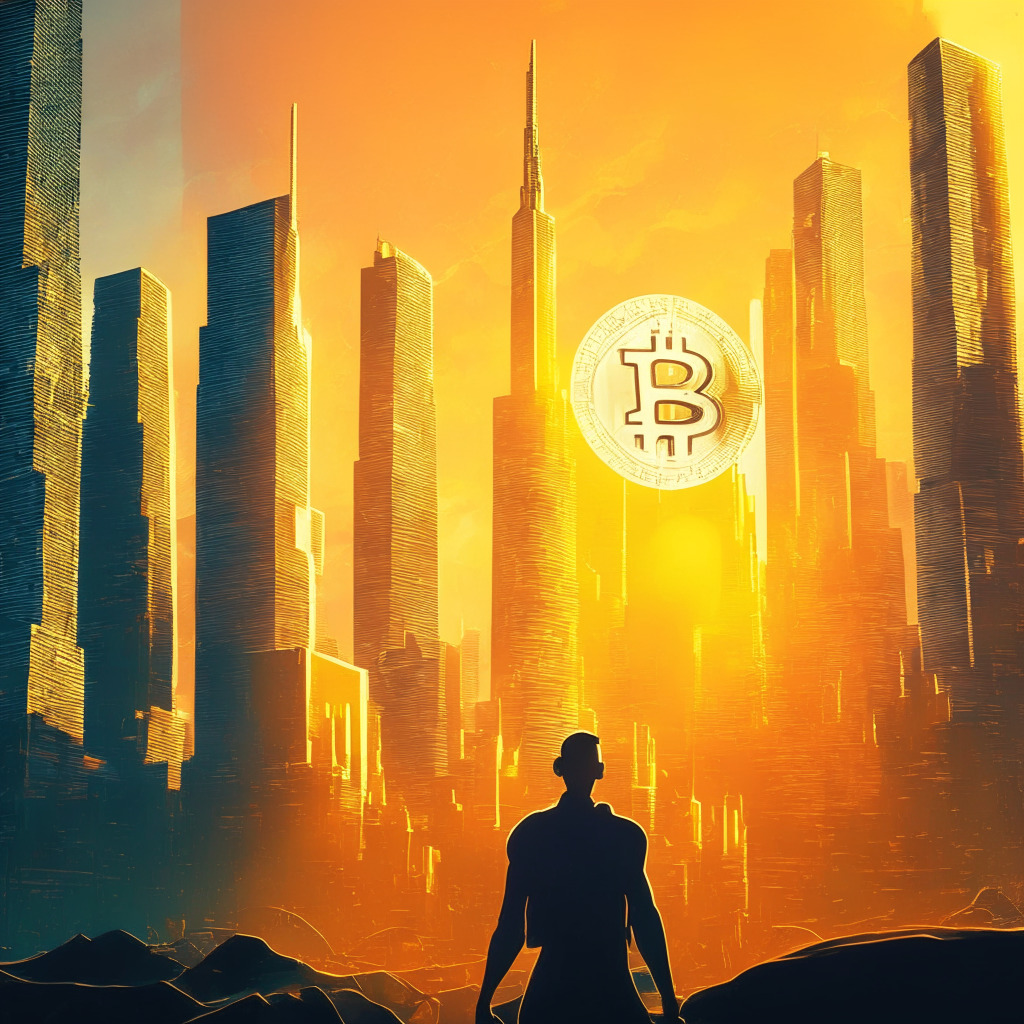 Cryptocurrency market revival, artistic style reflecting optimism, warm golden light setting, silhouettes of skyscrapers and Bitcoin sign, futuristic cyberpunk aesthetic, serene mood, symbolic representation of BlackRock's ETF, institutional investors' influence, vibrant colors for major cryptocurrencies' growth, slight shadow of regulatory challenges.