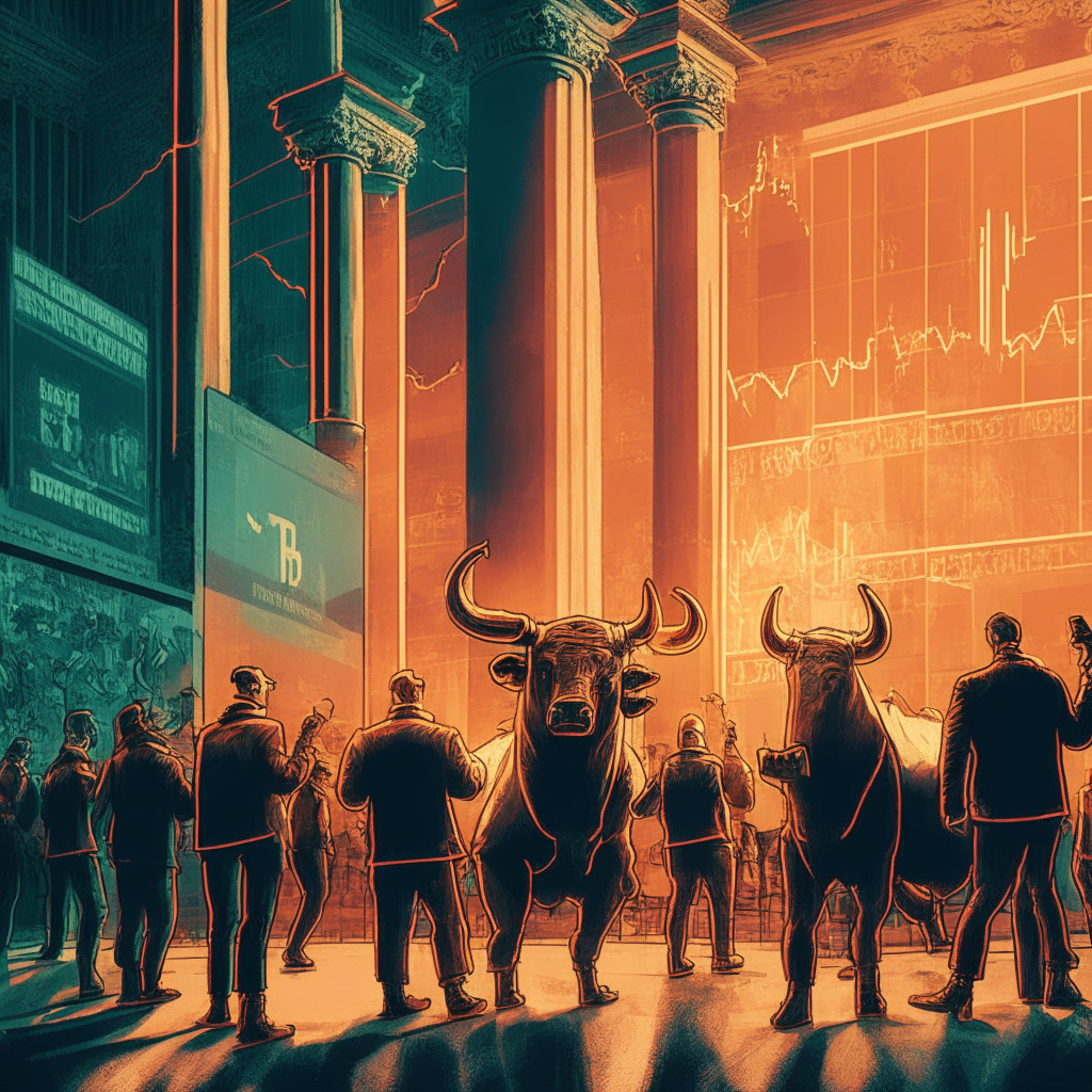 Crypto scene in front of a stock exchange, rising Bitcoin value, optimistic atmosphere, contrasted light symbolizing uncertainty, warm tones reflecting enthusiasm, subtle and anxious undertones hinting at potential risks, artistic representation of bull and bear dance, a digital currency being celebrated, MACD line and signal line crossing.