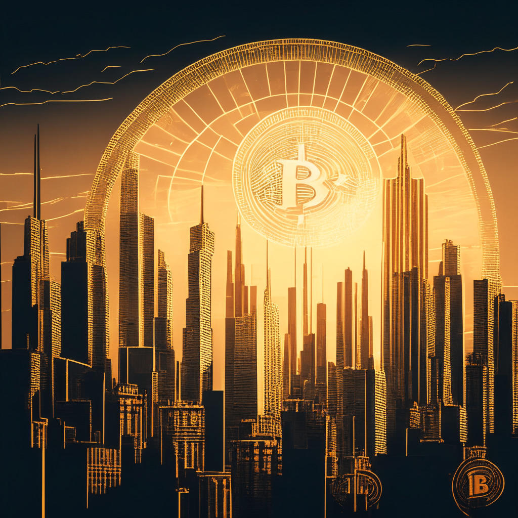 Intricate city skyline with Bitcoin logo, scale of justice, economic charts & calmer weather, golden Art Deco style, soft evening glow, detailed contrast between shadows & light, mood of cautious optimism & anticipation, crypto enthusiasts discussing potential growth & future outcomes.