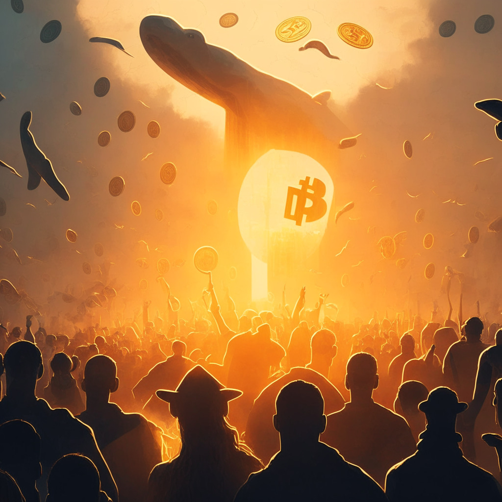 Cryptocurrency rally scene, artistic style, warm golden light, dusk setting, numerous digital coins soaring upwards, conflicting emotions on traders' faces, surprise and anticipation, shadows of digital currency whales lurking in the background, innovative blockchain structures amidst an uncertain financial landscape, hints of resilience and adaptability.
