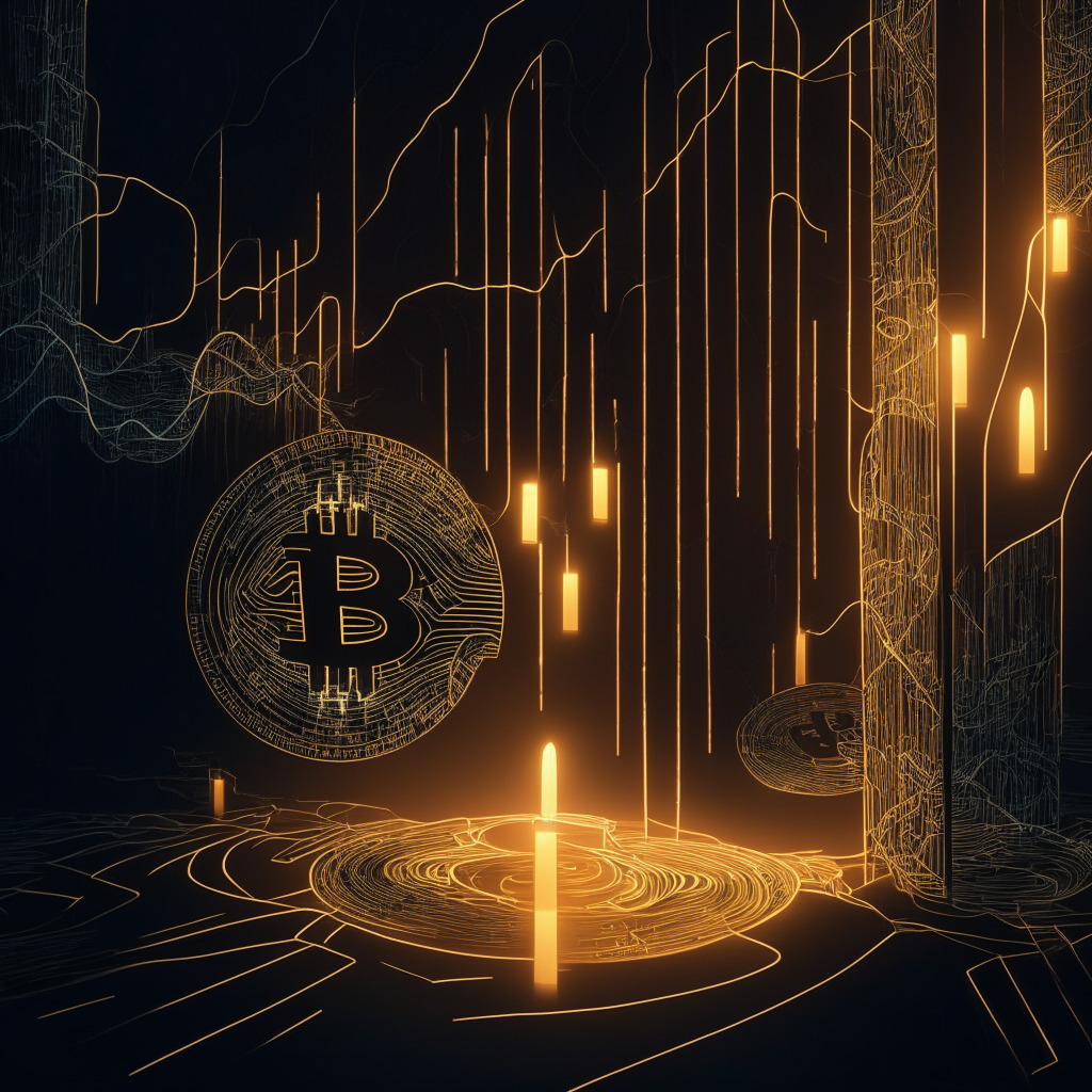 Intricate bitcoin wedge pattern, dimly lit scene with contrasting light on trendlines, dynamic texture, anticipation-filled atmosphere, uncertainty-representing candles, BTC hovering around $30,000, converging trendlines, imminent breakout potential, blend of optimism and caution, abstract digital/crypto elements.