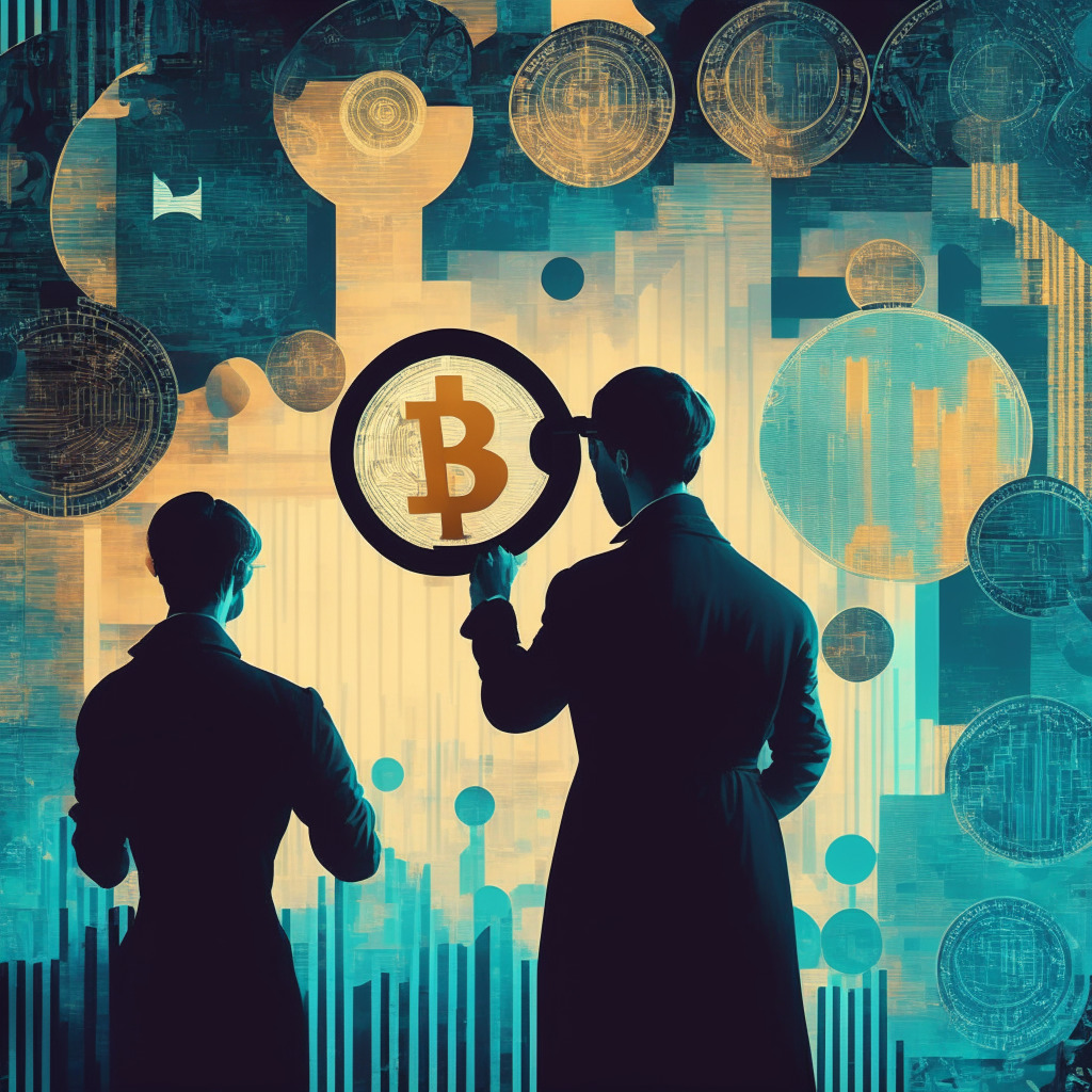 Intricate crypto stock market, Bitcoin symbolic representation, dramatic light contrast, Art Deco style, mood of mystery & puzzlement, abstract geometric patterns, silhouette of trader with magnifying glass, fluctuating price charts, floating question marks, hazy atmospheric backdrop, surreal color palette.