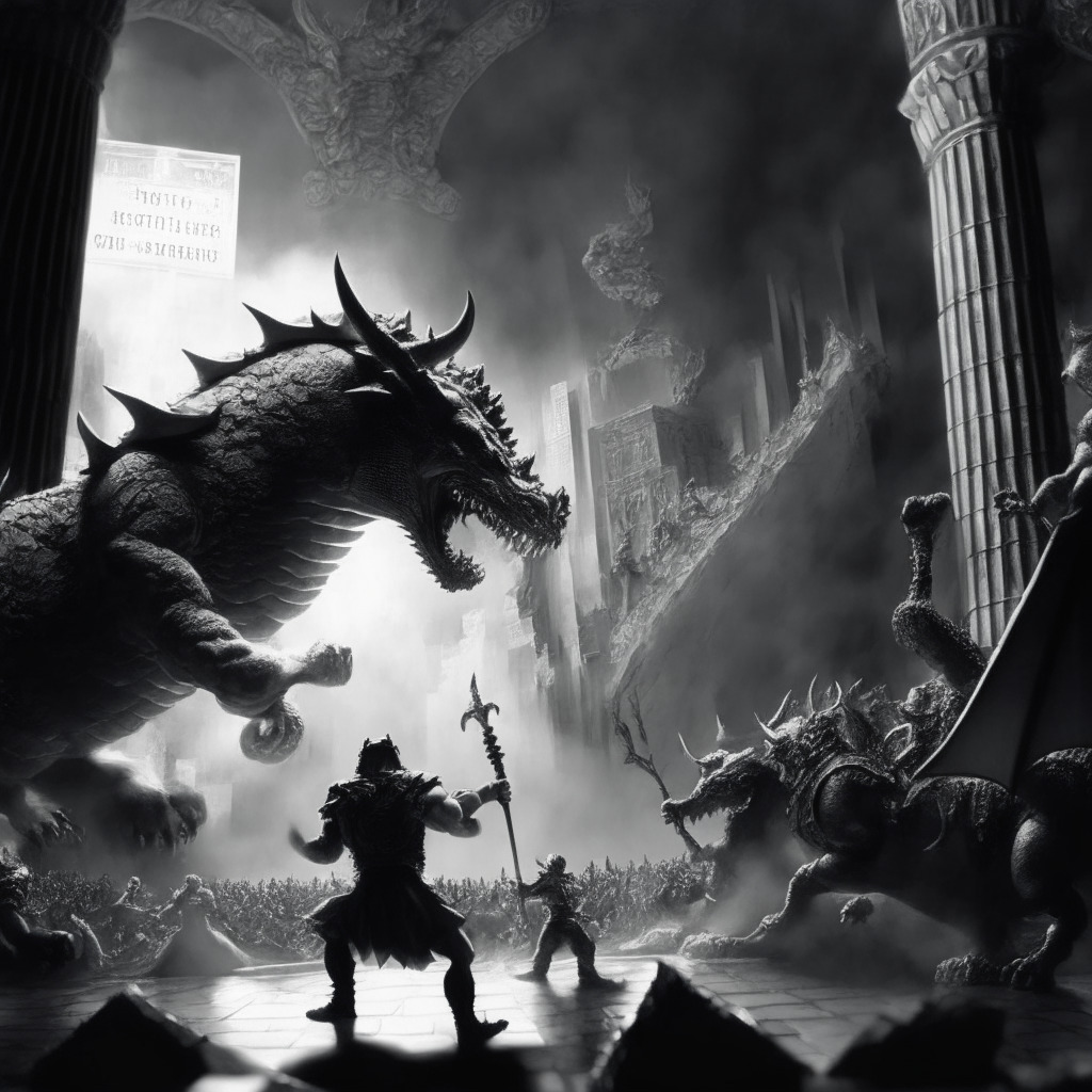 Bitcoin ETF battle scene, Wall Street backdrop, BlackRock and Grayscale as warriors facing SEC dragon, intense chiaroscuro lighting, Renaissance-style composition, dramatic mood, hint of optimism, bridge symbolizing transition from crypto to mainstream finance.