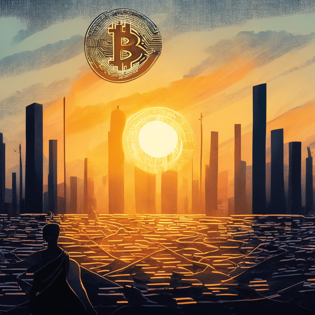 Sunrise over digital finance landscape, BlackRock at horizon, Bitcoin ETF submission as highlighted pathway, stakeholders watching with mixed emotions of optimism and caution, faint glow of SEC's approval, subtle artistic representation of regulatory challenges, interplay of light, shadow, and reflections of evolving market trends, dynamic mood.