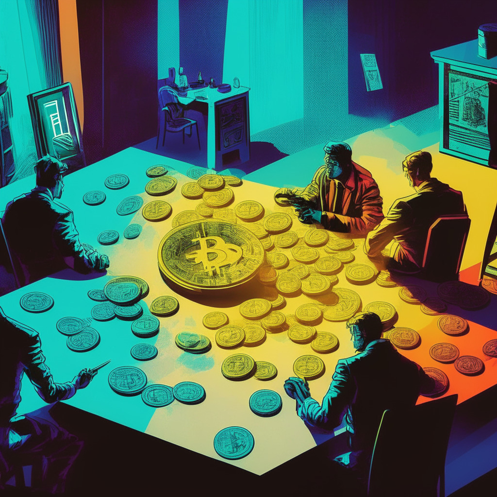 Cryptocurrency exchange in action, dramatic contrast in light and shadows, a turning point concept, large financial institution involvement, dark and mysterious mood, pop art style, diverse physical currency representations, hint of optimism in the color palette, investment decisions symbolized by choices on a table.