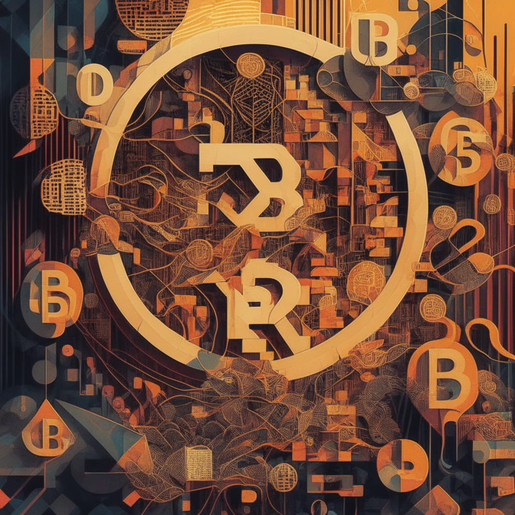 Intricate blockchain artwork, diverse elements representing market volatility, warm hues showcasing mainstream acceptance, contrasting shadows symbolizing regulatory hurdles, dynamic composition conveying the crypto market's mood, subtle touches of optimism and caution.