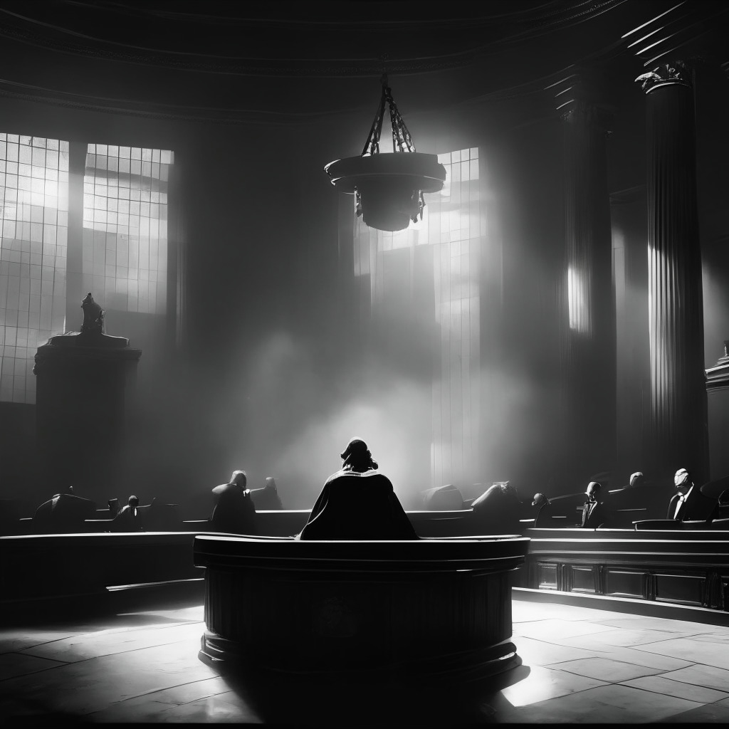 Ethereal courtroom scene, crypto scales of justice, tense atmosphere, contrasting warm and cool tones, dramatic chiaroscuro light, dynamic composition: Grayscale and SEC in intense legal battle, background: glimpse of BlackRock's ETF application, mood: anticipation, uncertainty.