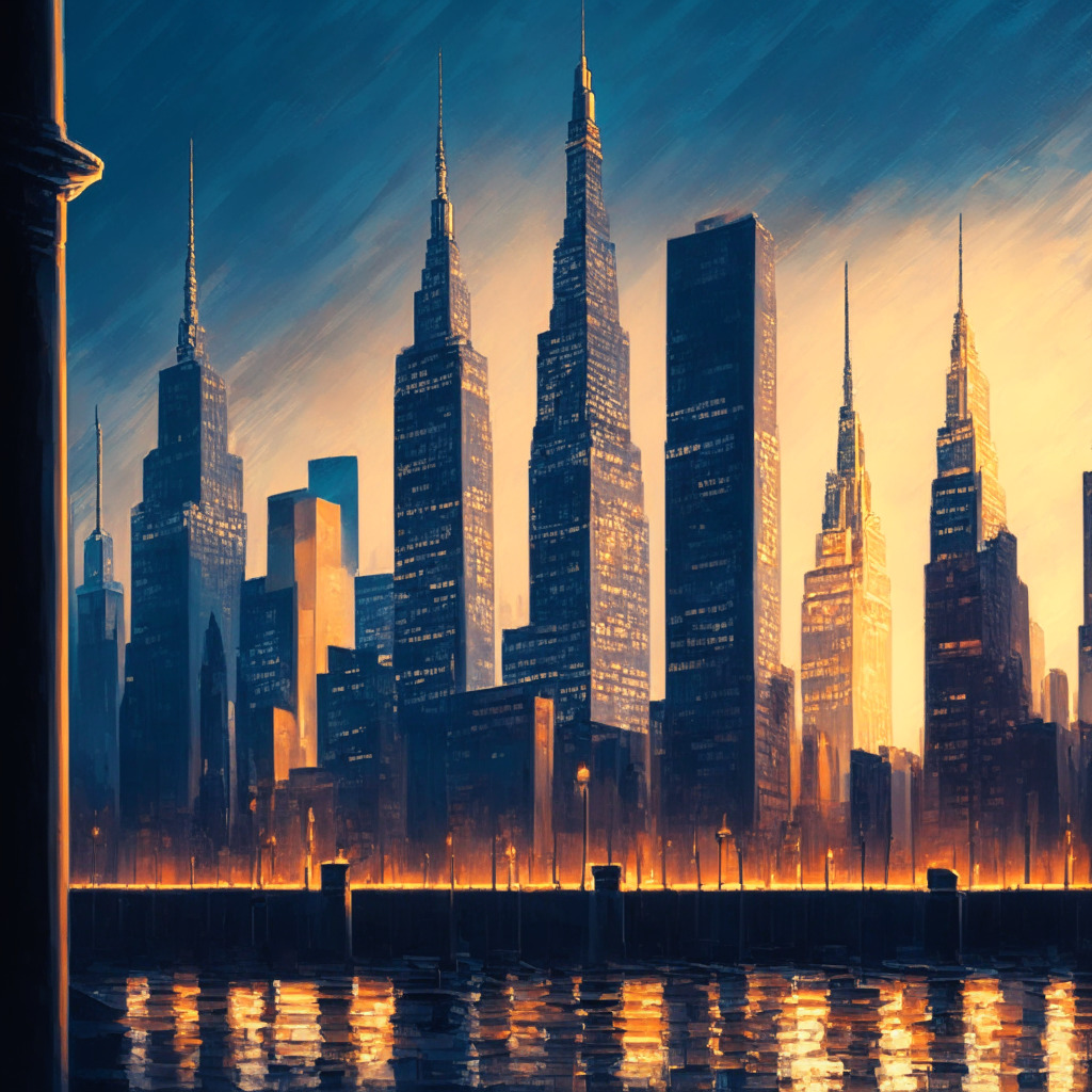 Intricate city skyline at dusk, juxtaposition of old & modern architecture, financial district in the background, shining cryptocurrency symbols, contrasting warm & cool lighting, impressionistic painting style, hopeful and uncertain mood, subtle hints of traditional Wall Street elements.