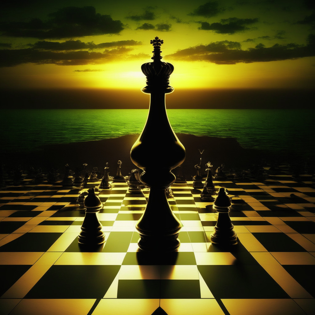 Sunset-lit financial battleground, BlackRock's bold move amidst SEC crackdown, giant chess piece vs smaller crypto players, abstract legal conflict, shadowy regulators overseeing, serious yet surreal, black & white contrast, hints of gold & green, tension-filled atmosphere.