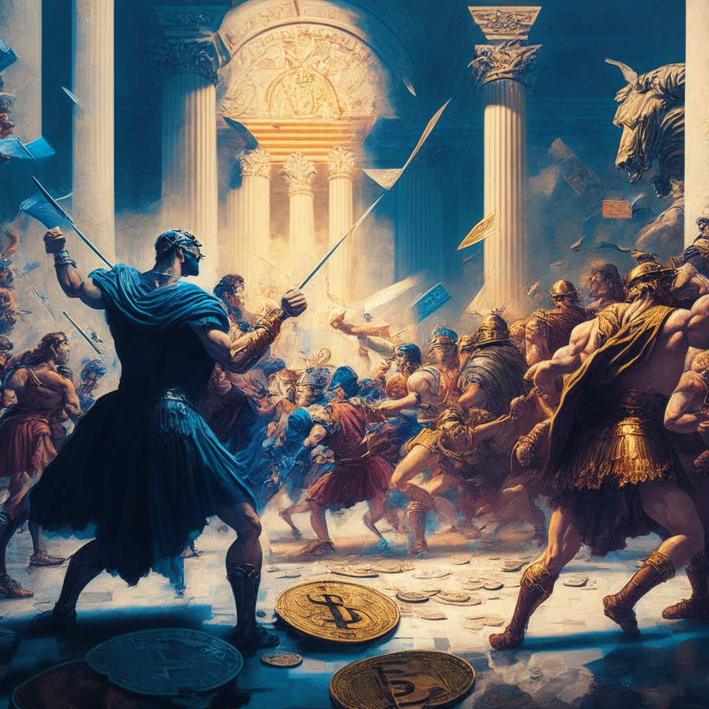 Cryptocurrency battle scene, dominant Wall Street giants vs. decentralized ethos warriors, contrasting light cascading from both sides, Renaissance-style painting, saturated color palette, Wall Street side representing skepticism, crypto supporters exuding defiance, tense atmosphere, embodying collaboration vs. disruption dilemma, 350 characters.