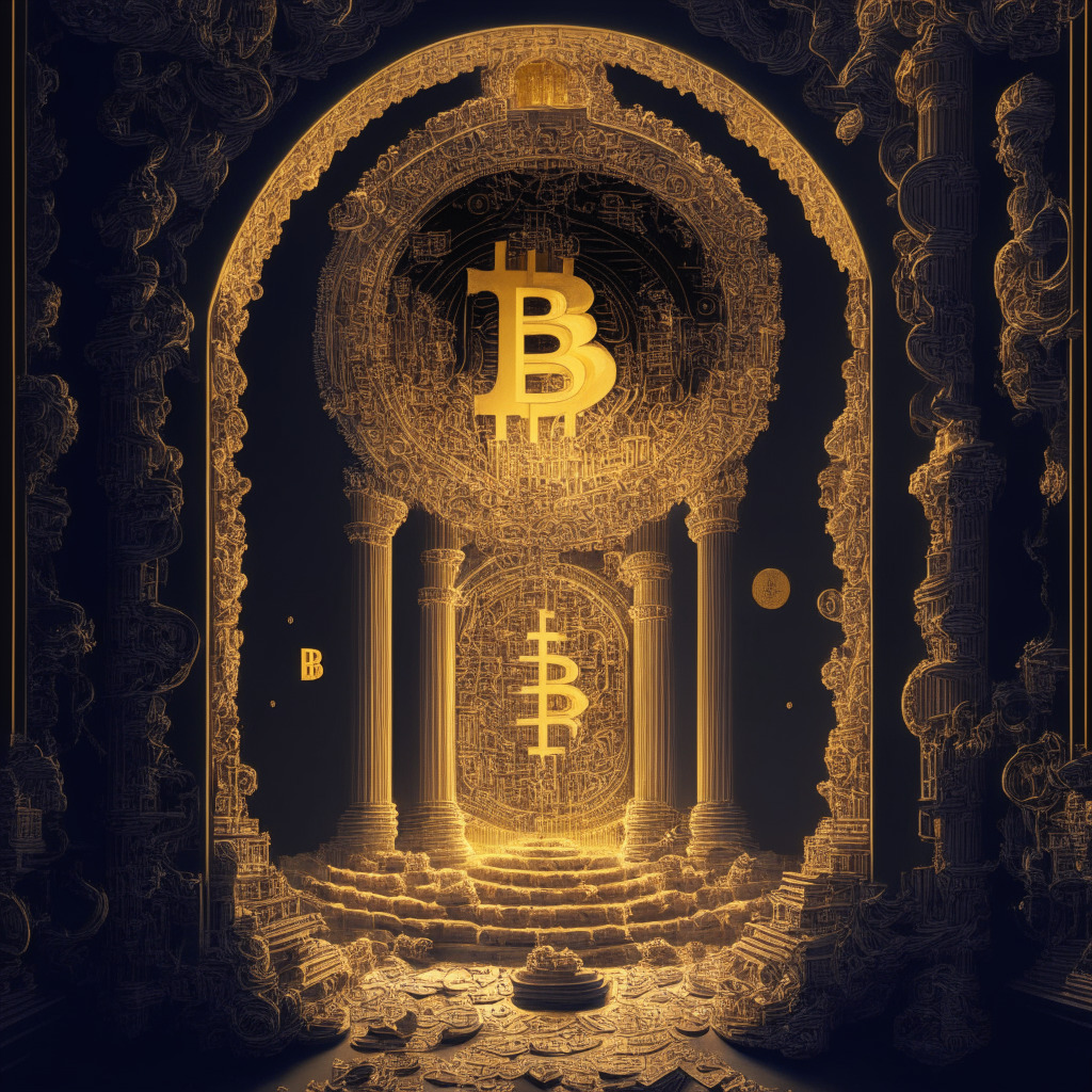 Intricate financial landscape, golden Bitcoin among ETF papers, soft glowing light, baroque artistic style, dynamic mood: Representing BlackRock's Bitcoin ETF application, highlighting key differences with GBTC, addressing SEC concerns, shaping future of Bitcoin investment products. (349 characters)