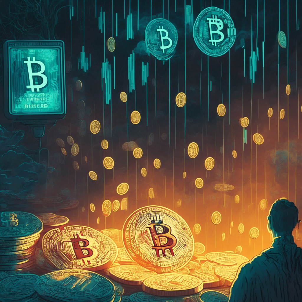 Cryptocurrency resurgence, Bitcoin surpassing $26,000, Ether regaining $1,700 threshold, artistic technological investment illustration, dimly lit setting, cautiously optimistic mood, blend of warm and cool colors, market volatility theme, balance between market optimism and investor caution, crypto coins with subtle texture, Federal Reserve influence, no specific brand names.