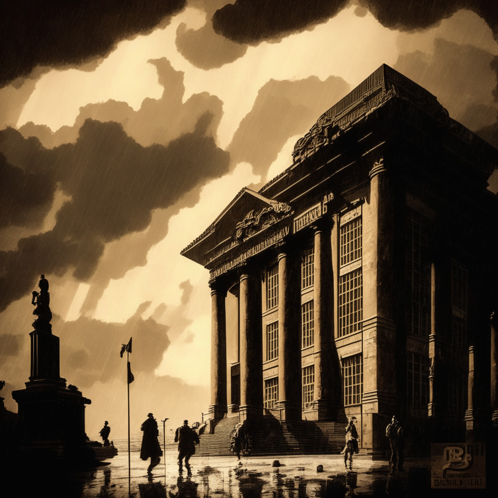 Enigmatic financial concept meeting, BlackRock's iShares Bitcoin Trust vs. ETF debate, volatile stormy sky backdrop, ancient exchange market buildings, antique sepia-toned mood, Silhouettes discussing liquidity boost & market concerns, financial instrument shadows, ethereal spotlights on potential SEC approval and future crypto path.