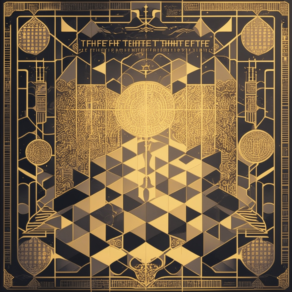 Intricate financial chessboard, grayscale Bitcoin, powerful new challenger approaching, spotlight on investment opportunities, intense attention to a tipping point, golden-hued sunset symbolizing change, mood of anticipation and tension, art nouveau style, geometric patterns reflecting the crypto market, elegant typography showcasing ETF innovation.