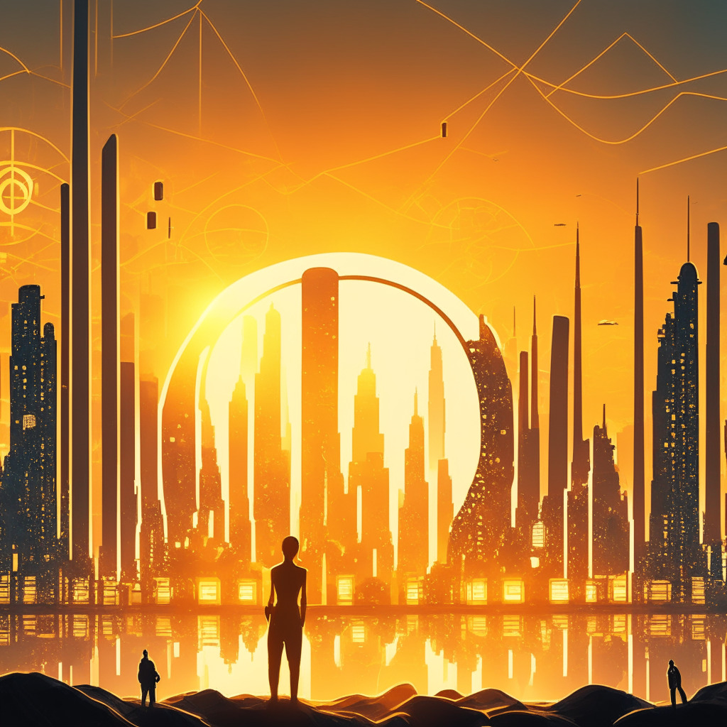 Futuristic cityscape at dusk, illuminated by warm golden light, with contrasting shadows, encapsulating the balance between promise and uncertainty. Foreground: Blockchain system symbolizing interconnectedness, transparency. Background: diverse figures in debate, central Yin-Yang symbol, embodying the pros and cons of blockchain, and hint of regulation.