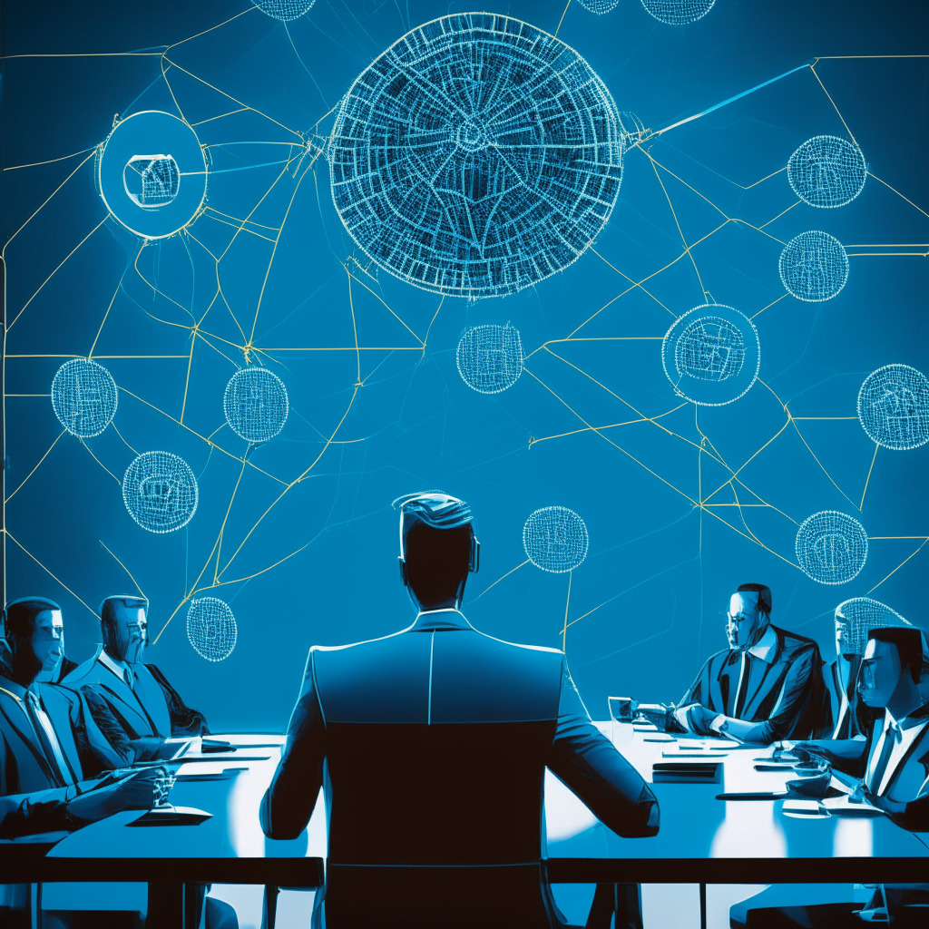 A commanding figure symbolizing Blockchain Australia's CEO, in a cohesive meeting room with government officials and banking representatives, showing a shared agreement in their determined expressions. Toned in cool blues to illustrate vigilance and sophistication, with accents of gold symbolising cryptocurrency. The light is sharp and focused over a table with a complex network map design, representing the blockchain system and the challenges it faces. The overall mood is resolute and hopeful.