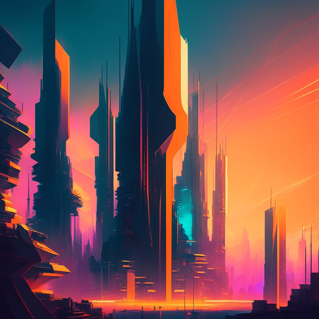 Futuristic city powered by blockchain, contrasting warm and cool hues, dynamic energy consumption visual, innovation versus environmental impact debate, sharp geometric shapes, fluid painterly style, crisp evening light, intense and contemplative mood.