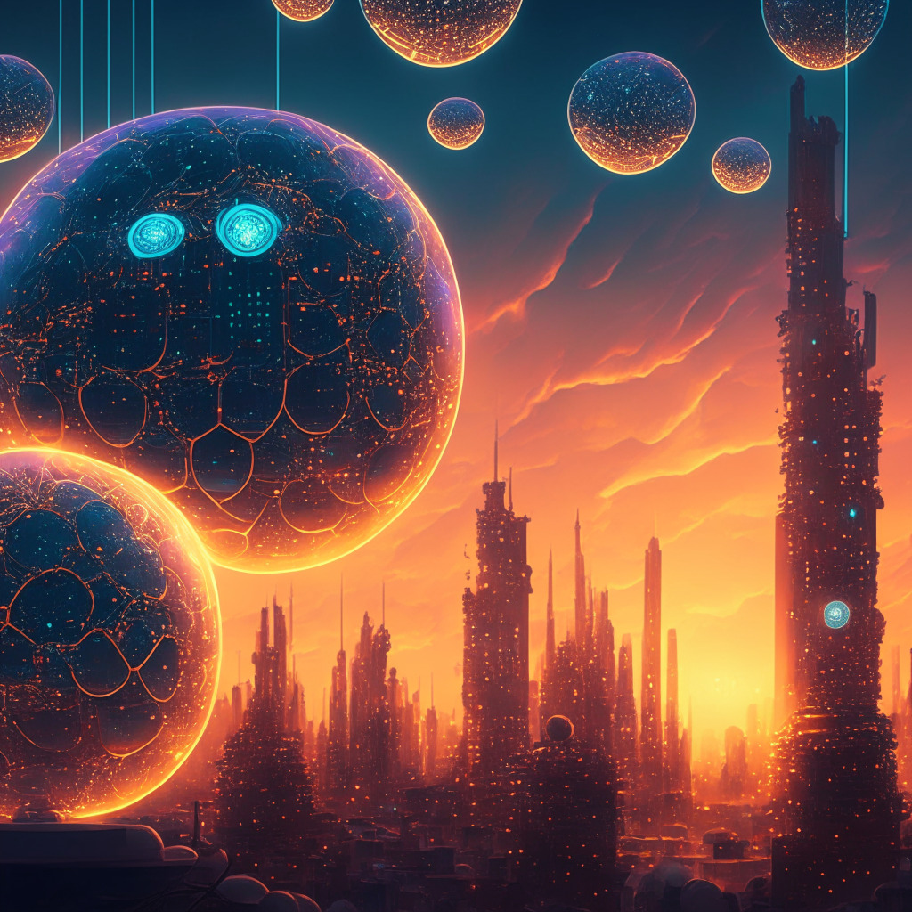 Dusk sky over a futuristic cityscape, blockchain nodes as interconnected glowing orbs, a mix of baroque and modern styles, warm and cool color tones, secure chains enwrapping financial elements, hints of nature symbolizing sustainability, confident figures overcoming barriers, sense of innovation and progress, a balance between benefits and challenges.
