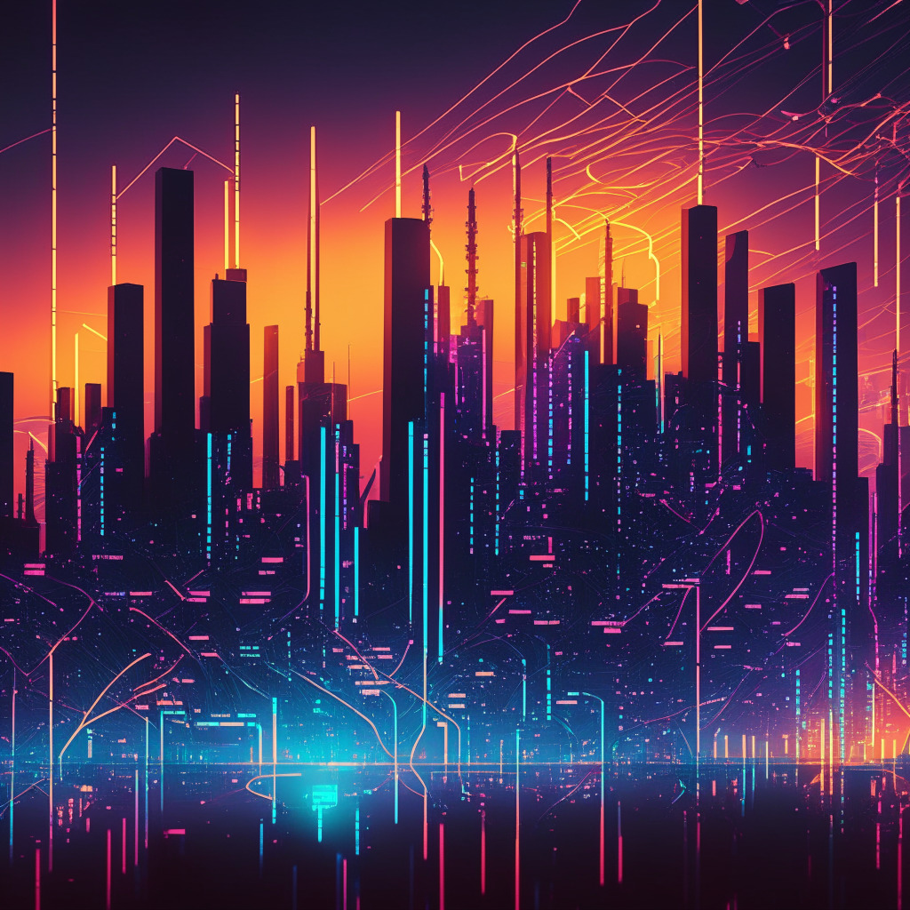 Futuristic city skyline with blockchain nodes as skyscrapers, contrasting bright and dark areas, cyberpunk aesthetic, sunset lighting casting long shadows, interconnected web of neon lines representing secure transactions, vibrant yet mysterious mood, decentralized finance balancing on a scale with environmental risks.