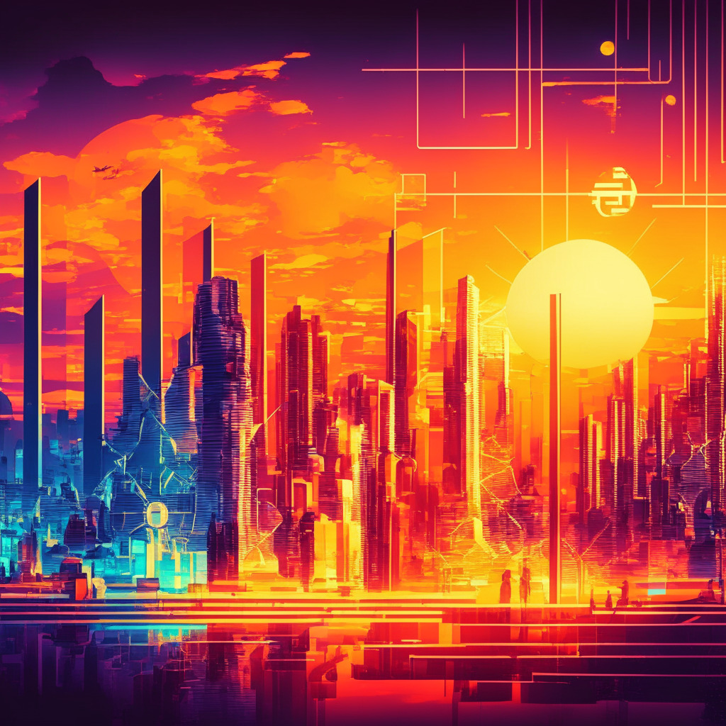 Futuristic city skyline with cryptocurrency symbols, diverse group discussing blockchain, glowing decentralized network, vivid sunset hues, cubist art style, golden hour lighting, sense of optimism and caution, lively atmosphere, focus on data security, environmental concern, global collaboration.