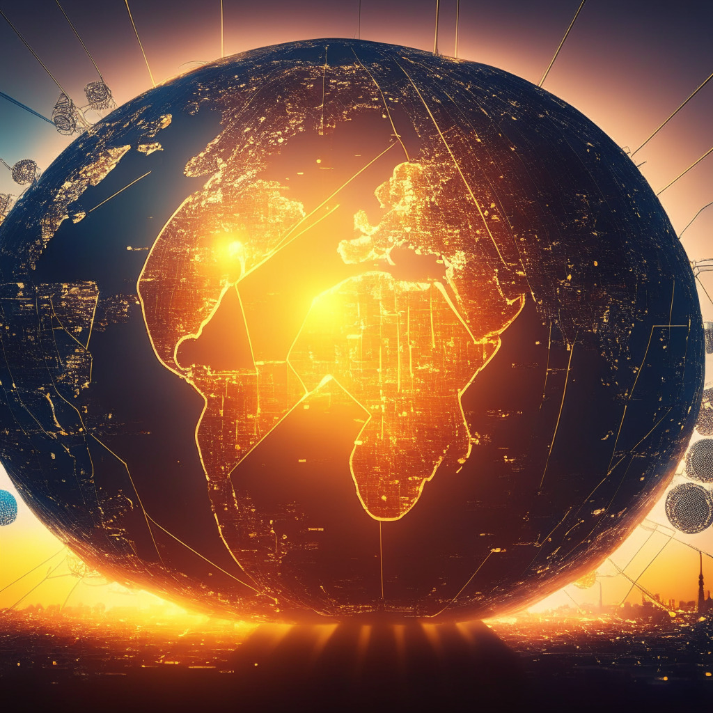 Sunrise over decentralized world, blockchain nodes connecting across globe, contrasting forces of benefits & challenges, mood of innovation & caution, shadows cast by environmental & regulatory concerns, a path towards adoption winding throughout, secure transactions glowing with transparency, smart contracts automating with efficiency.