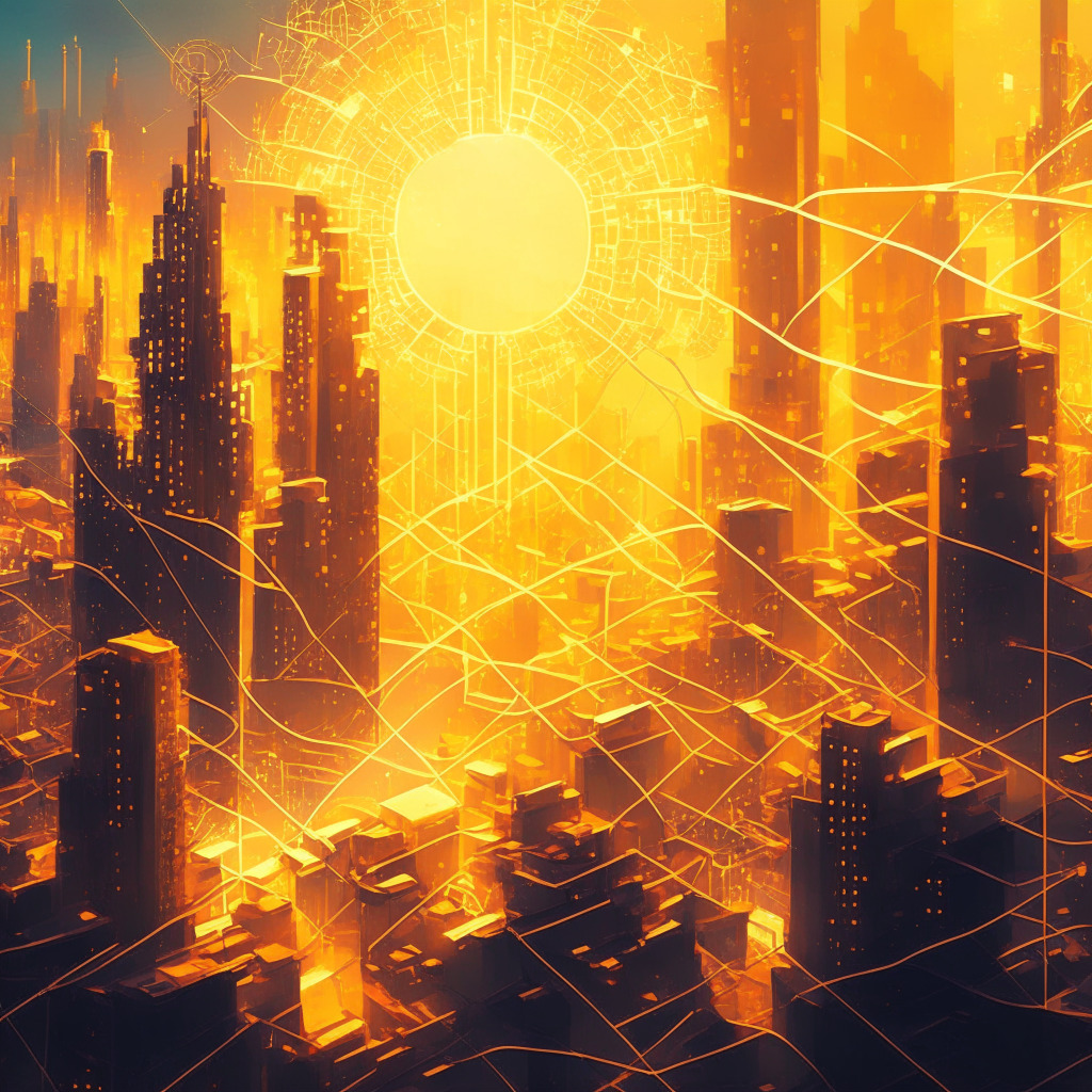 Futuristic cityscape with blockchain nodes, intricate web of connections, warm golden glow, Impressionist style, decentralized finance platforms in the forefront, contrasting light vs shadow, energetic and optimistic mood, underlying caution, sense of intrigue. (344 characters)