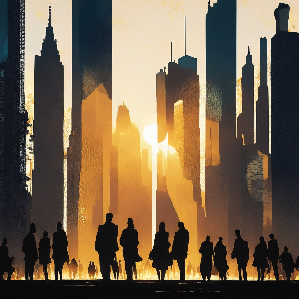 Intricate city skyline, financial district at dusk, silhouettes of people discussing, abstract crypto symbols, futuristic digital ledger, warm sunlight casting long shadows, impressionistic painting style, an atmosphere of potential and uncertainty, innovation meets tradition, interplay of transparency and discretion, the merging of art and finance.