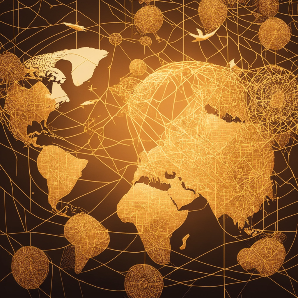 Intricate blockchain network spanning the globe, artistic representation of cross-border transactions, warm golden hues symbolizing financial innovation, streamlined exchange between diverse national currencies, freeing doves signifying reduced friction points, subtle Ethersphere backdrop, mood of breakthrough optimism.