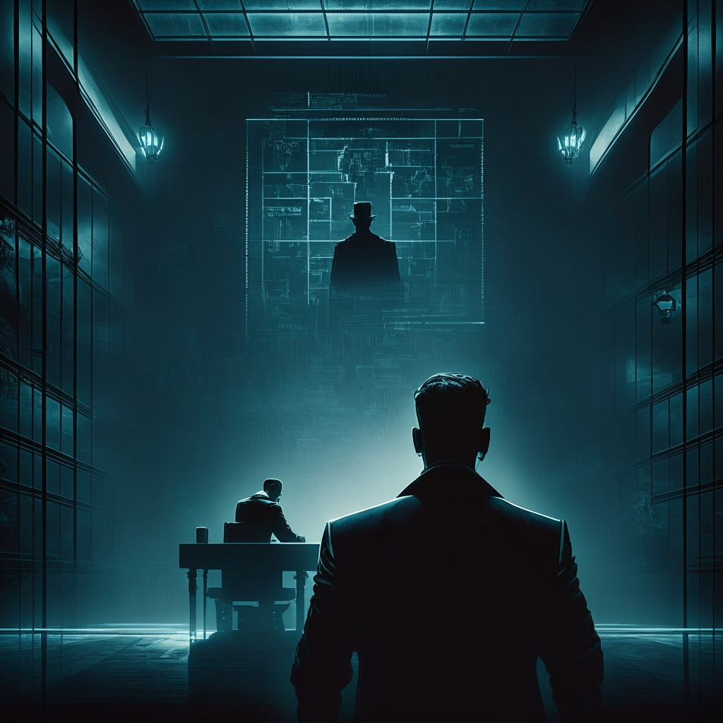 Intricate blockchain, detective magnifying on-chain data, shadowy figure in conflict with empowered entrepreneur, chiaroscuro lighting, cyberpunk-theme, tension-filled atmosphere, mysterious mood, contrasting anonymity and transparency, looming courtroom backdrop.